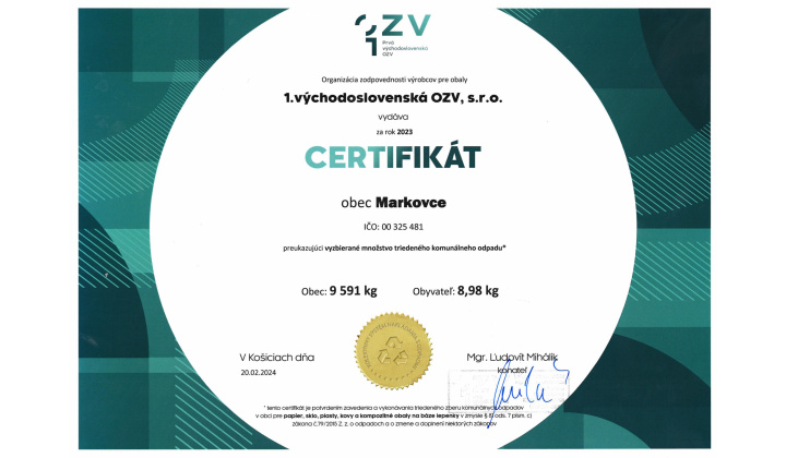 Certifikát za rok 2023 -preukazujúci vyzbierané množstvo triedeného komunálneho odpadu