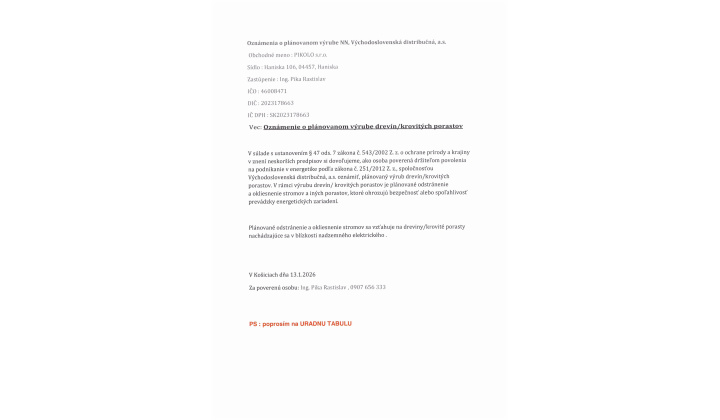 Oznámenie o plánovanom výrube drevín/krovitých porastov