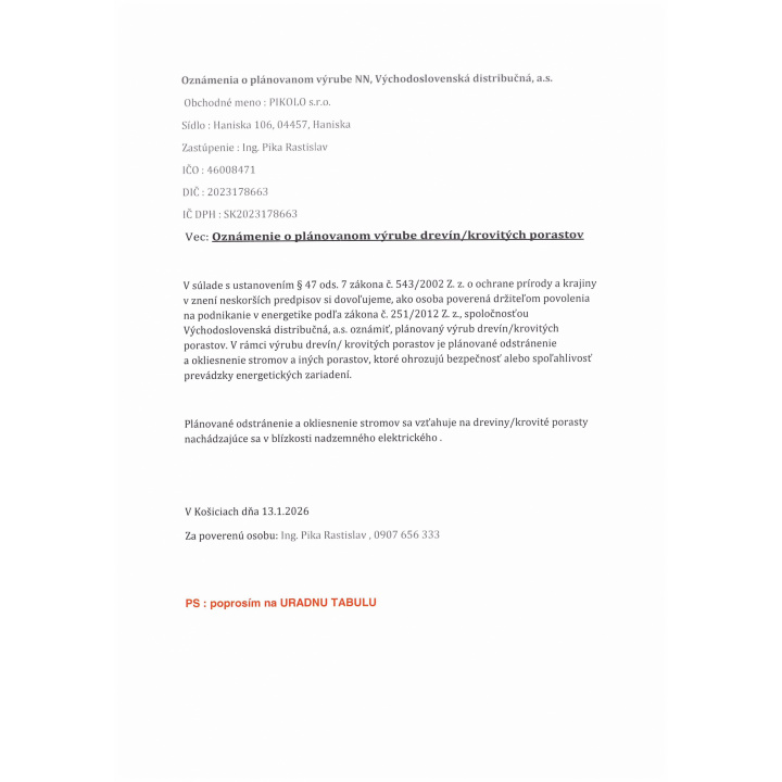 Oznámenie o plánovanom výrube drevín/krovitých porastov